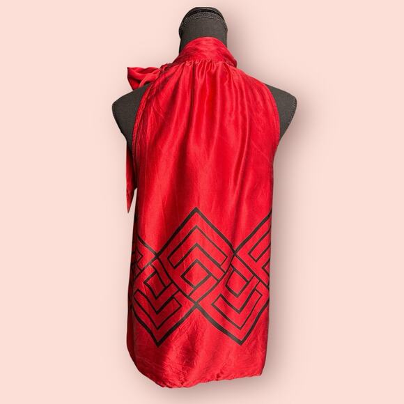 Silk Top Blouse Y2K Sleeveless Halter Red Black Michael Kors 8 Medium Bow Neck - Picture 2 of 5